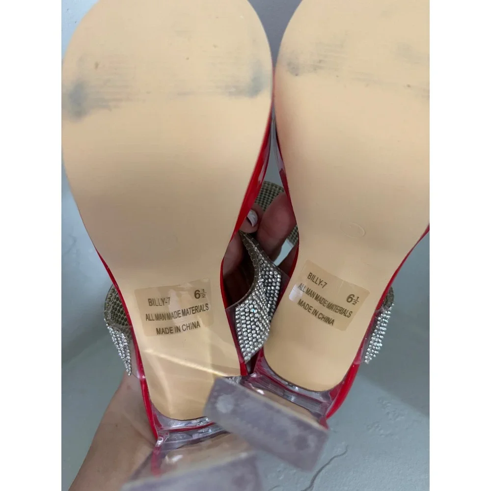 Kayleen Red Patent Rhinestone Platform Sandals Clear Block Heel Billy-7 Size 6.5